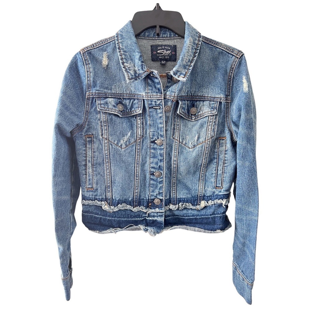 SILVER Jean Jacket Built Free Sahara Denim Distressed Ripped Raw Hem Small